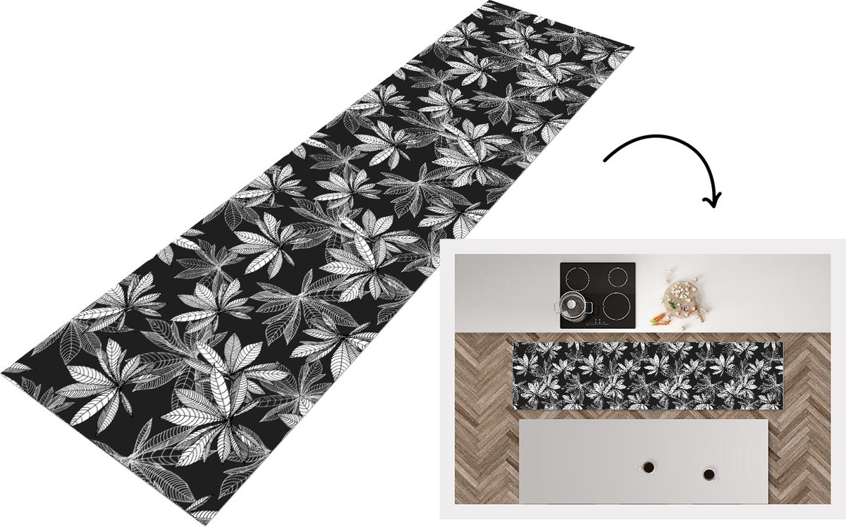 KitchenYeah Keukenloper - Loper keuken - Zwart - Wit - Patronen - Bladeren - Natuur - Keukenloper vinyl, foto 6