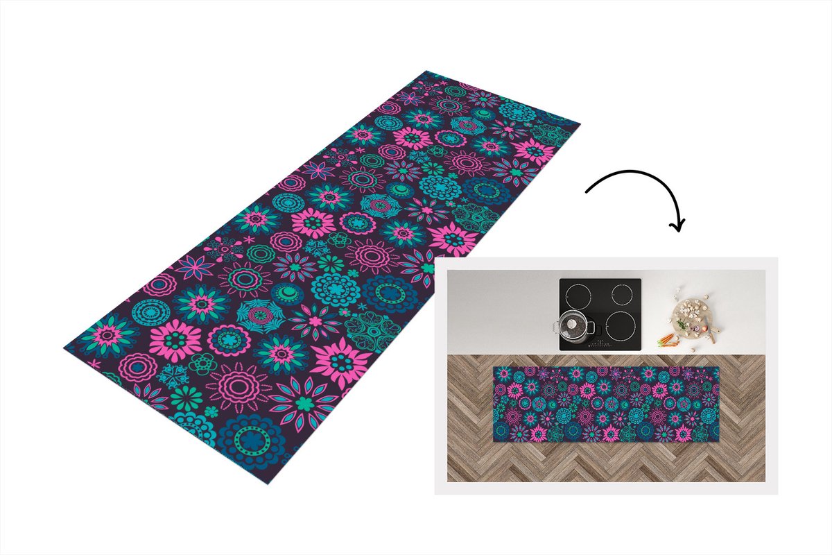 KitchenYeah Keukenloper - Loper keuken - Neon - Bloemen - Patronen - 180x60 cm - Keukenloper vinyl Multicolor