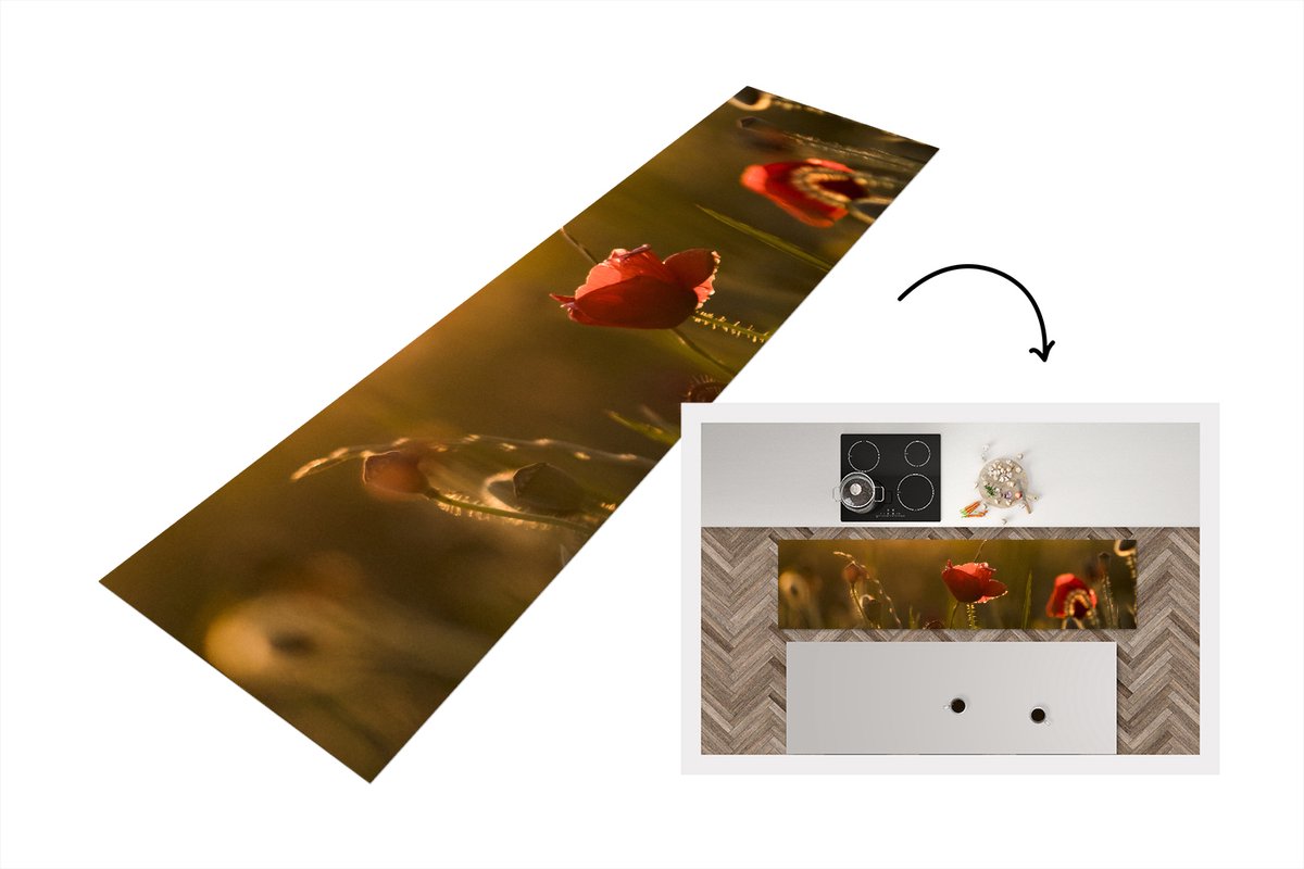KitchenYeah Keukenloper - Loper keuken - Klaproos - Zonsondergang - Goud - 200x50 cm - Keukenloper vinyl Multicolor