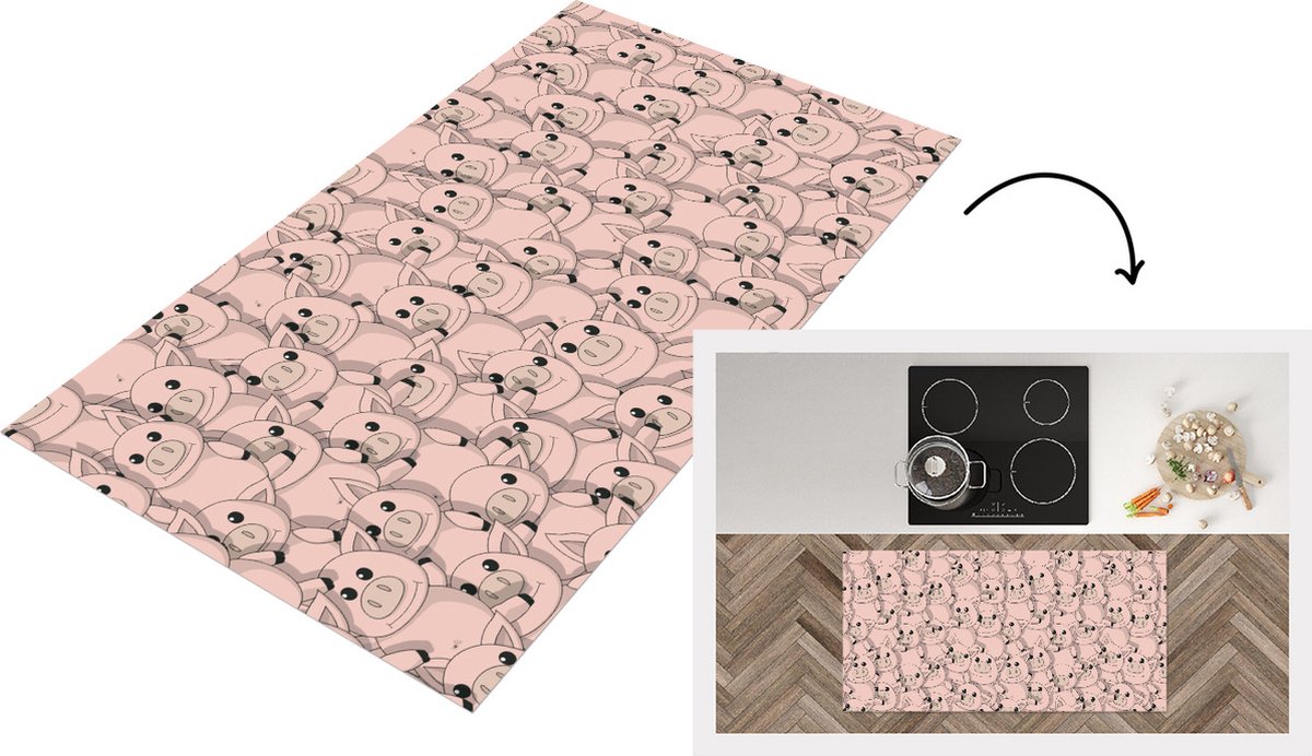 KitchenYeah Keukenloper - Loper keuken - Varkens - Dieren - Roze - Patroon - 120x60 cm - Keukenloper vinyl Multicolor