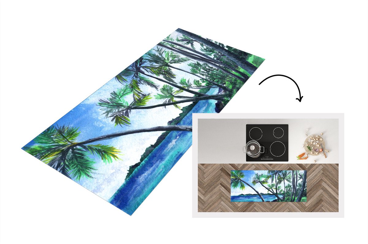 KitchenYeah Keukenloper - Loper keuken - Palmboom - Water - Lucht - 120x50 cm - Keukenloper vinyl Multicolor