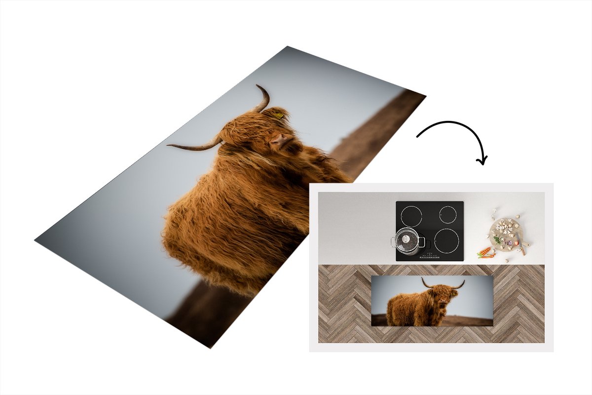 KitchenYeah Keukenloper - Loper keuken - Schotse Hooglander - Duin - Gras - 120x50 cm - Keukenloper vinyl Multicolor