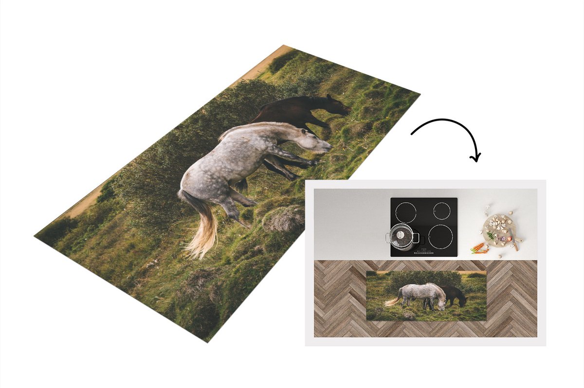 KitchenYeah Keukenloper - Loper keuken - Paarden - Gras - IJslander - 120x50 cm - Keukenloper vinyl Multicolor