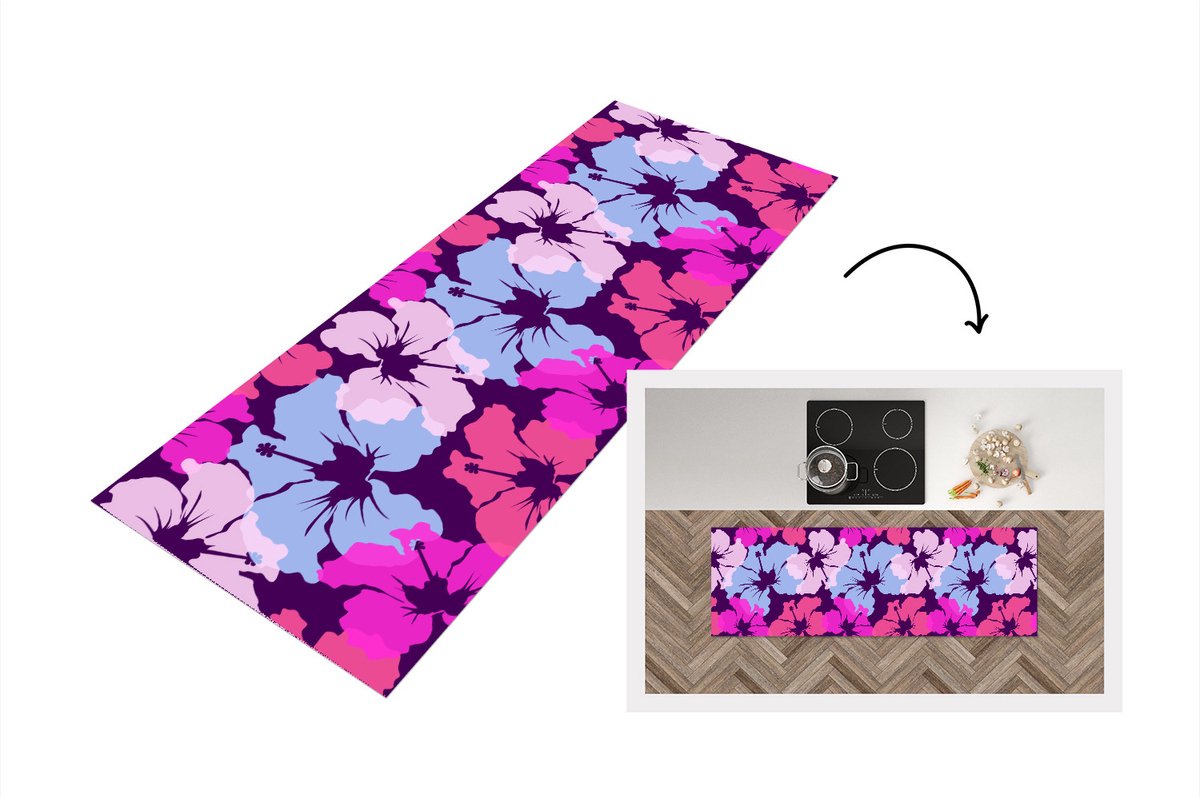 KitchenYeah Keukenloper - Loper keuken - Pastel - Hibiscus - Bloem - Hawaii - Design - 150x50 cm - Keukenloper vinyl Multicolor