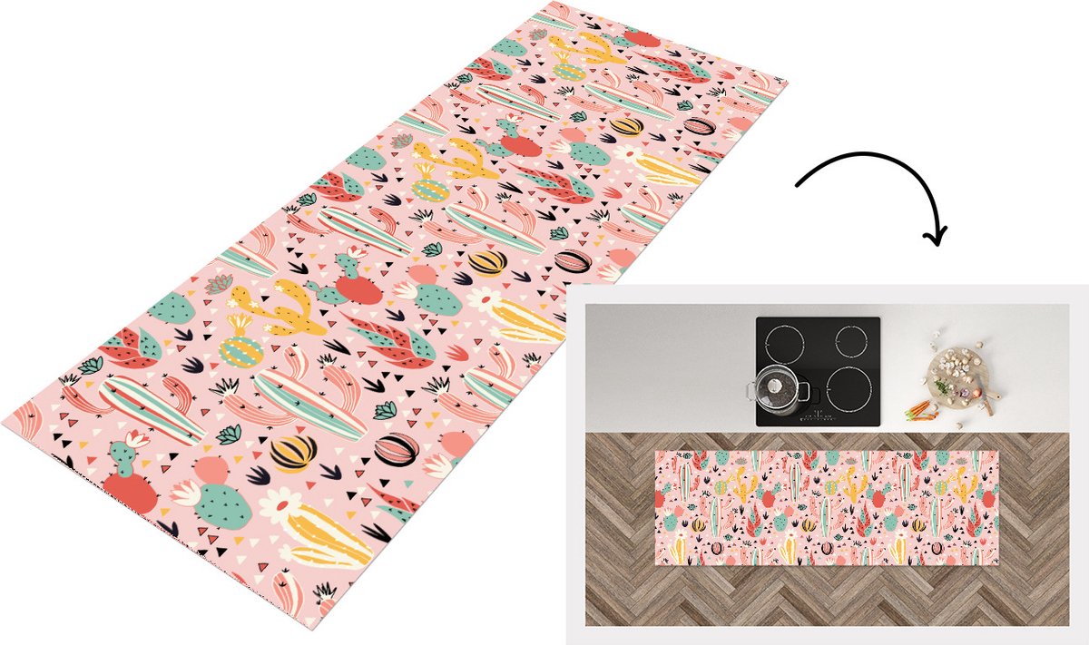KitchenYeah Keukenloper - Loper keuken - Planten - Patronen - Cactus - 150x50 cm - Keukenloper vinyl Multicolor