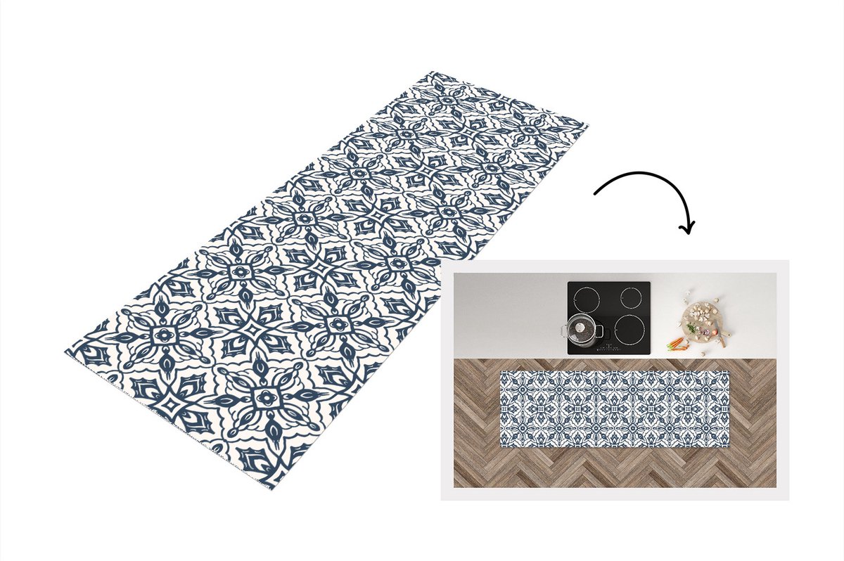 KitchenYeah Keukenloper - Loper keuken - Patronen - Mandala - Blauw - 180x60 cm - Keukenloper vinyl Multicolor