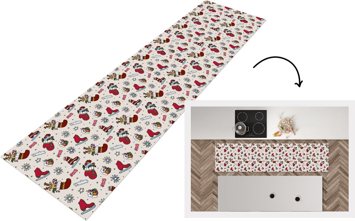 KitchenYeah Keukenloper - Loper keuken - Kerst - Schaats - Kerstcadeau - Patroon - 240x60 cm - Keukenloper vinyl Multicolor
