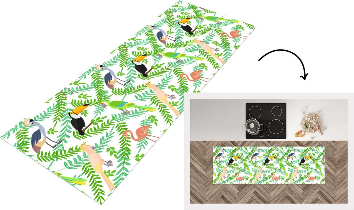 KitchenYeah Keukenloper - Loper keuken - Jungle - Vogel - Patronen - 180x60 cm - Keukenloper vinyl Multicolor