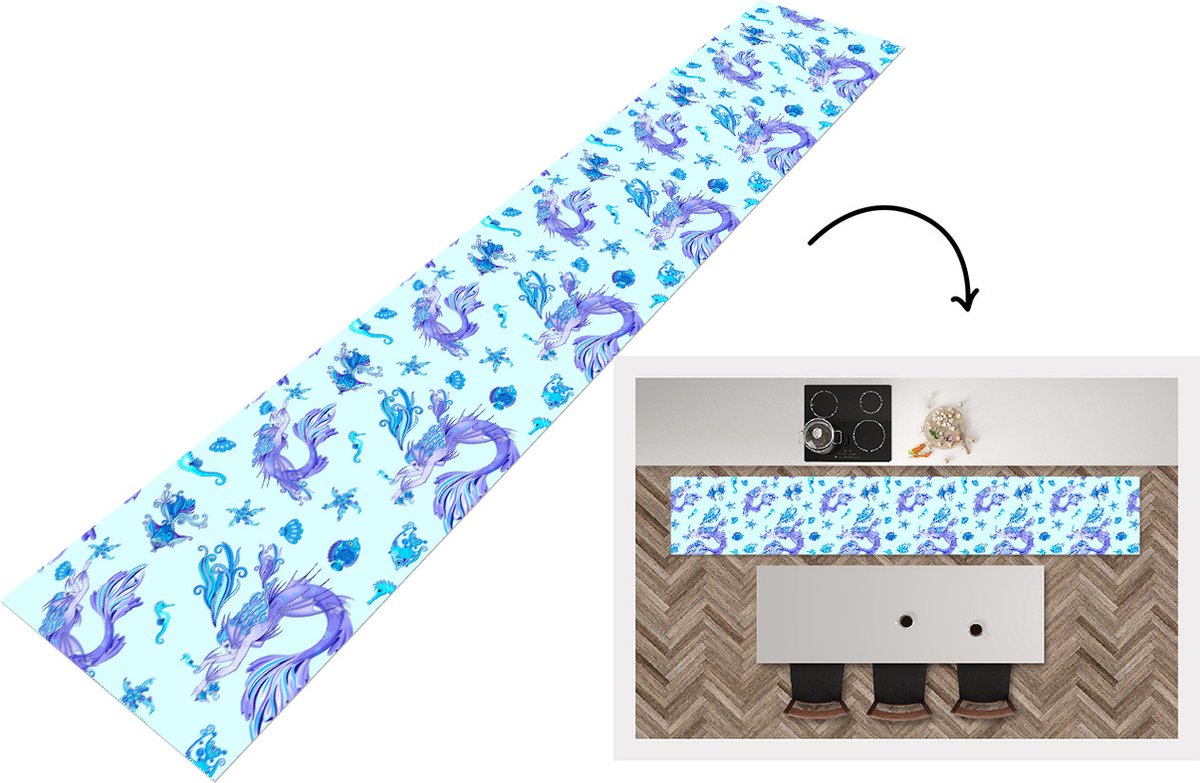 KitchenYeah Keukenloper - Loper keuken - Patronen - Vis - Zeemeermin - Mermaid - 300x50 cm - Keukenloper vinyl Multicolor
