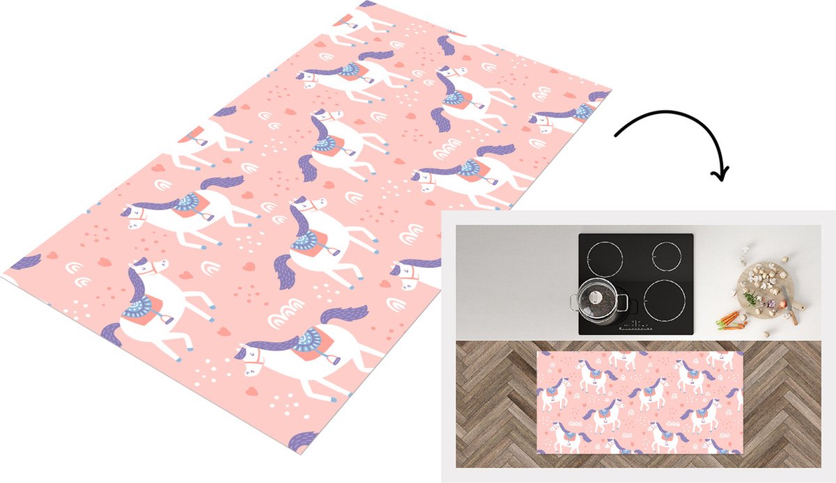 KitchenYeah Keukenloper - Loper keuken - Paard - Hart - Patronen - 120x60 cm - Keukenloper vinyl Multicolor