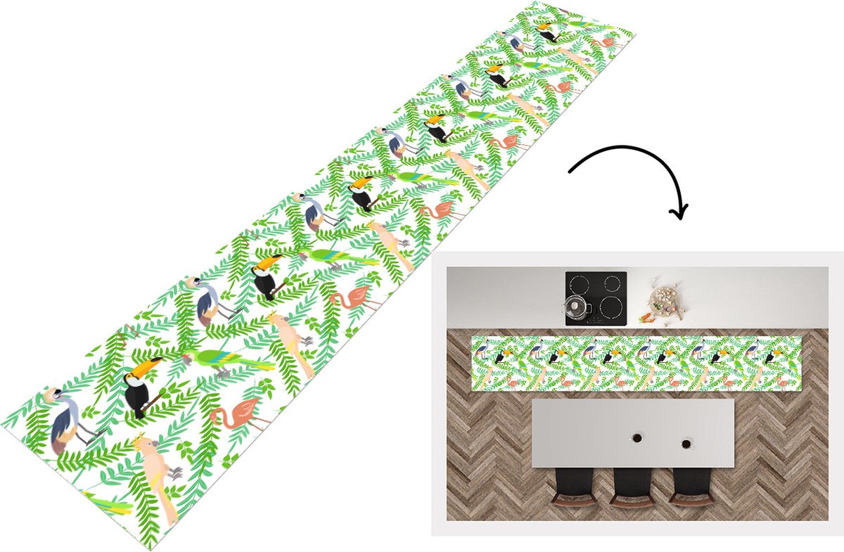KitchenYeah Keukenloper - Loper keuken - Jungle - Vogel - Patronen - 300x50 cm - Keukenloper vinyl Multicolor