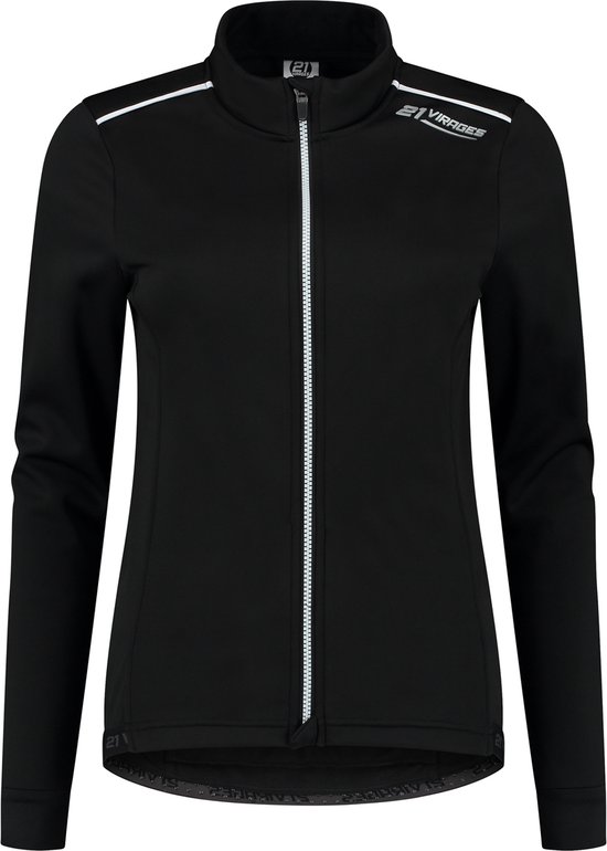 Zwart dames fietsjack met witte rits, logo en strepen op de schouders.