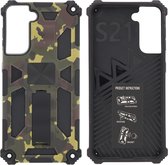 Samsung Galaxy S21 Hoesje - Rugged Extreme Backcover Army Camouflage met Kickstand - Groen