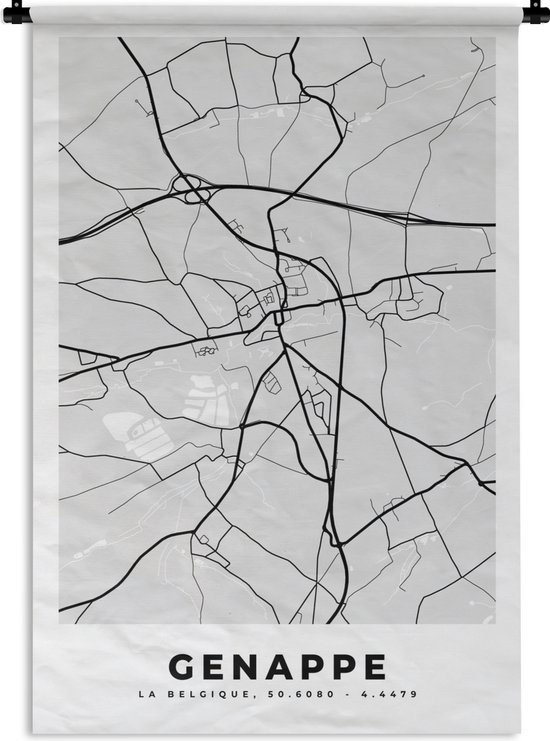 Tapisserie - Tapisserie - Plan de Ville - Carte - België - Zwart Wit - Genappe - Carte - 90x135 cm - Tapisserie