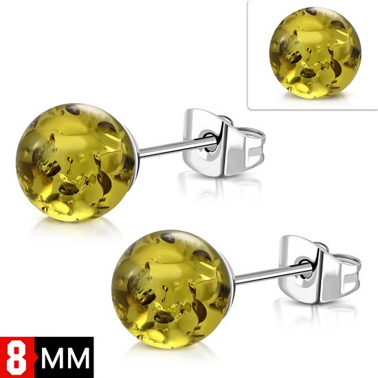 Bolletjes oorstekers licht groen amber staal 8mm - Aramat Jewels® - Elegante Collectie - Bolletjes Oorbellen - Groen Amberkleur - 8mm - Trendy - Oorstekers - Cadeau-idee
