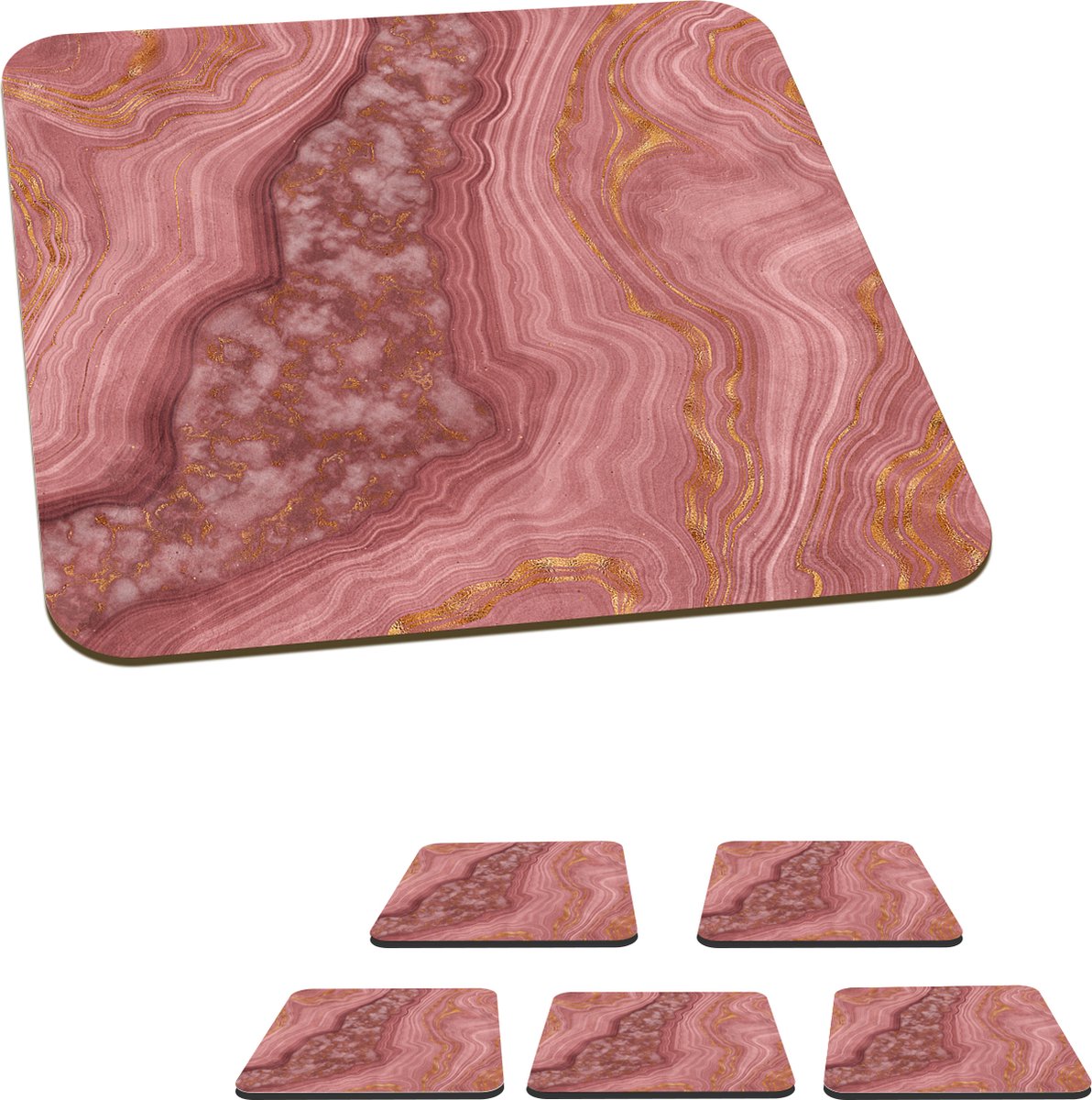 Onderzetters voor glazen - Marmer - Goud - Lijn - 10x10 cm - Glasonderzetters - 6 stuks