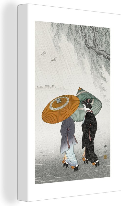 Canvas Schilderij voor Woonkamer - Japandi/Wabi Sabi Stijl - Vrouwen - Regen - Gespannen op Houten Frame - 80x120 cm