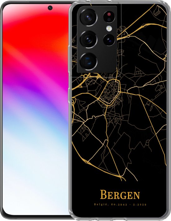 Telefoonhoesje Geschikt voor Samsung Galaxy S21 Ultra hoesje - Bergen - Kaart - Goud - Siliconen Telefoonhoesje Telefoonhoesje