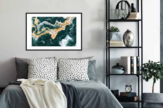 Poster in lijst - Fotolijst 90x60 cm - Posters - Marmer - Aqua - Gouden - Posterlijst zwart - Decoratie - Wanddecoratie woonkamer - Muurdecoratie slaapkamer