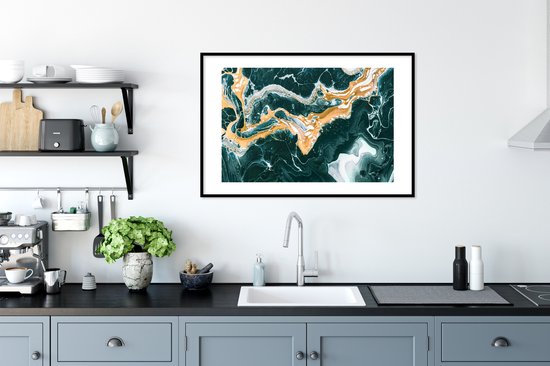 Poster in lijst - Fotolijst 90x60 cm - Posters - Marmer - Aqua - Gouden - Posterlijst zwart - Decoratie - Wanddecoratie woonkamer - Muurdecoratie slaapkamer