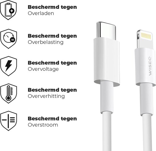 USB C Lightning Kabel - Oplaadkabel Apple iPhone Lightning naar USB C - 1 Meter Fast Charging Kabel iPhone - Wit - WISEQ