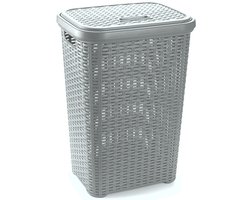 PlasticForte Wasmand met deksel - 60 liter - lichtgrijs - rotan - kunststof - L35 x B43 x H62 cm