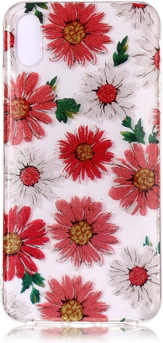 Peachy Glitter Bloemen TPU geschikt voor iPhone XS Max hoesje - Rood Wit
