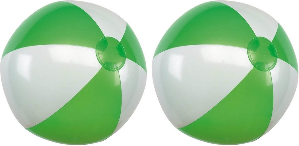 2x Opblaasbare strandballen groen/wit 28 cm speelgoed - Buitenspeelgoed strandballen - Opblaasballen - Waterspeelgoed