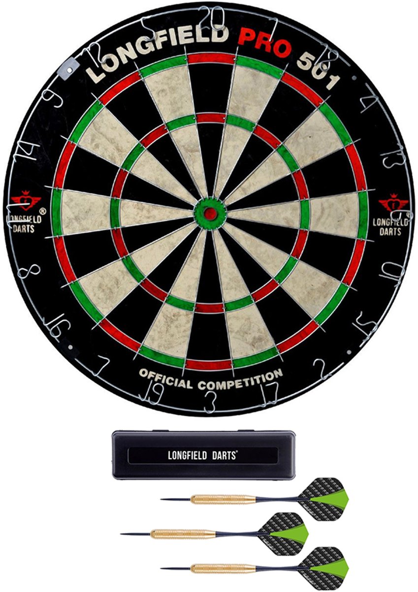 Dartbord Longfield professional 45.5 cm met 3x goede kwaliteit dartpijltjes - Darten voor thuis - Voordeelset