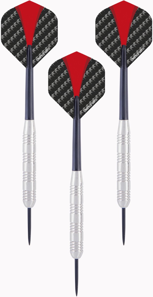 Engelhart Nickel Silver Dartpijl Set 23 Gram – 3 Stuks – Rood/Zwart Flights, Zwarte Shaft – Semi Professioneel – Inclusief Kunststof Etui – Longfield