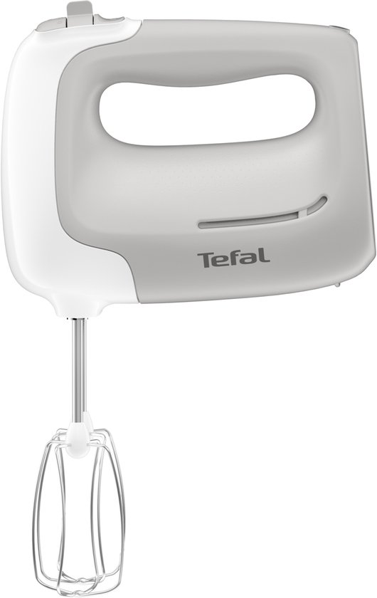 Witte Tefal handmixer met grijze accenten.