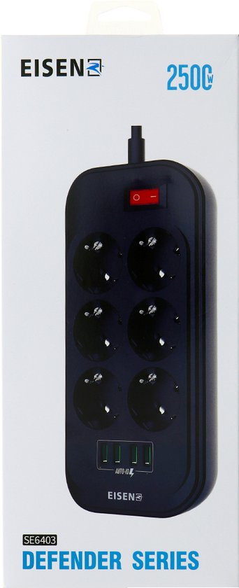 Eisenz SE6403 stekkerdoos met usb | 6 Stopcontacten en 4 USB-ingangen | Stekkerdoos usb, iPhone Lader en Samsung Lader | verlengsnoer met stekkerdoos, contactdoos | stekkerdoos met schakelaar - Eisenz
