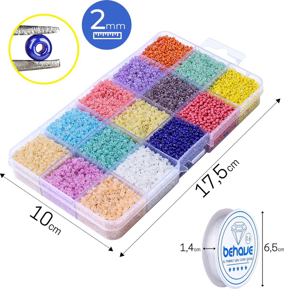 Behave 15000 Glaskralen Set - DIY Sieraden maken - Kralen Set - Rocailles - Rijgdraad - 15 Pastel Kleuren - 2mm — afbeelding 6
