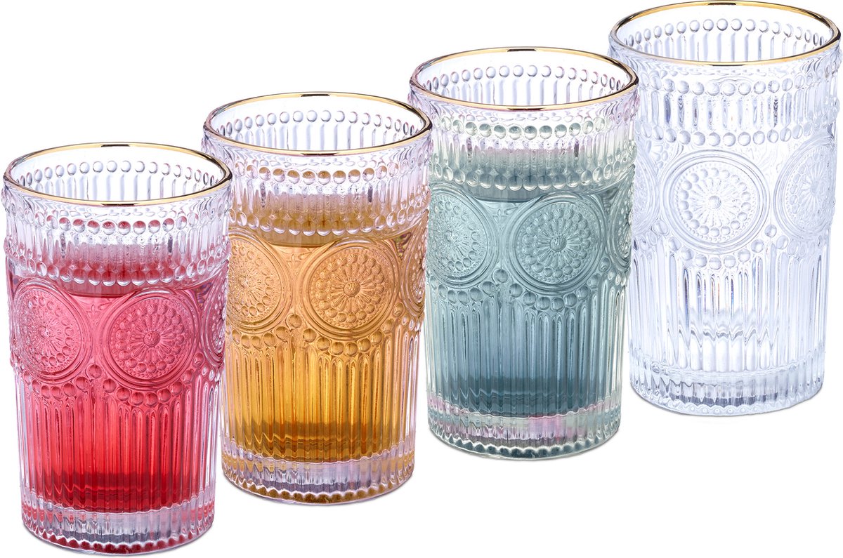 drinkglazen - set van 4 - 400 ml - boho sapglazen - vaatwasserbestendig - gouden rand