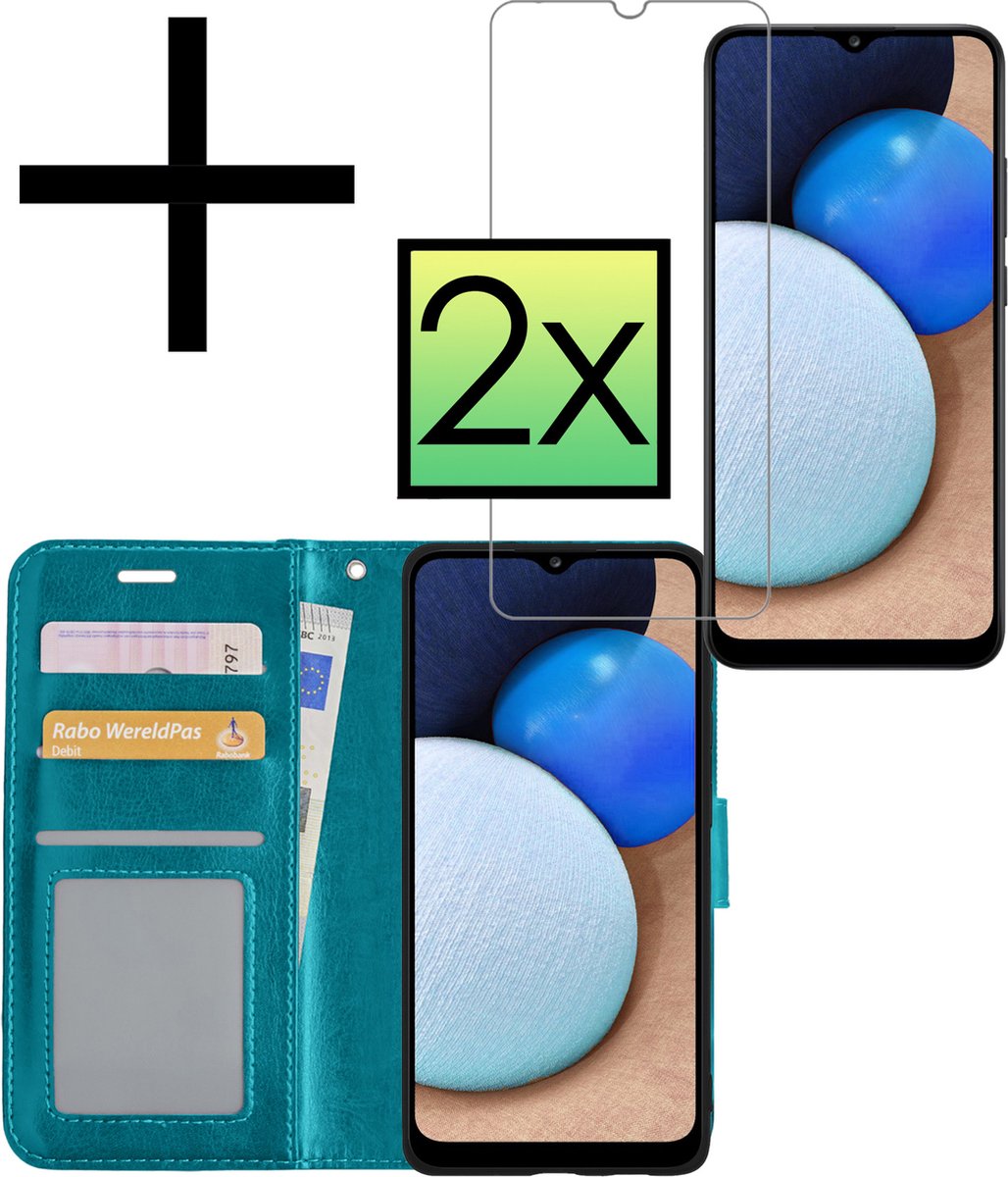 Hoesje - Met 2x Screenprotector - Geschikt voor Samsung Galaxy A03s - Luxe Pasjeshouder - Bookcase Portemonee - Flip Case - Kunstleer Book Case - Flipcase Hoes - Book Cover - Walletcase - Portemonneehoes - Turquoise