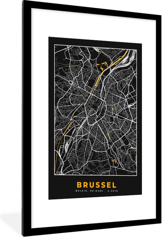 Fotolijst incl. Poster - Stadskaart - Brussel - Goud - Kaart - Plattegrond - 60x90 cm - Posterlijst