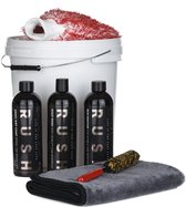 RUSH Wasbox pakket - Voor Auto & Motor - Autoshampoo - Velgenreiniger - Spraywax - Microvezeldoek - Schrobborstel - Emmer 10L