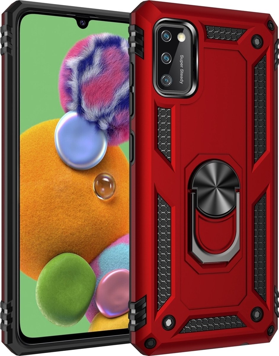 Mobigear Hoesje geschikt voor Samsung Galaxy A41 Telefoonhoesje Hardcase | Mobigear Armor Ring Backcover Shockproof met Ringhouder | Schokbestendig Galaxy A41 Telefoonhoesje | Anti Shock Proof - Rood