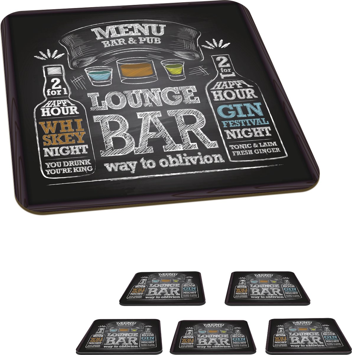 Onderzetters voor glazen - Een illustratie van een krijtbord in de bar - 10x10 cm - Glasonderzetters - 6 stuks