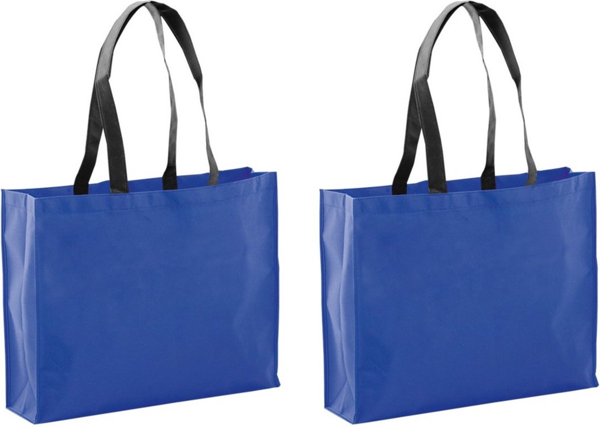 Draagtas / goodie- 2x stuks -bag / schoudertas / boodschappentas - blauw - 40 x 32 x 11 cm