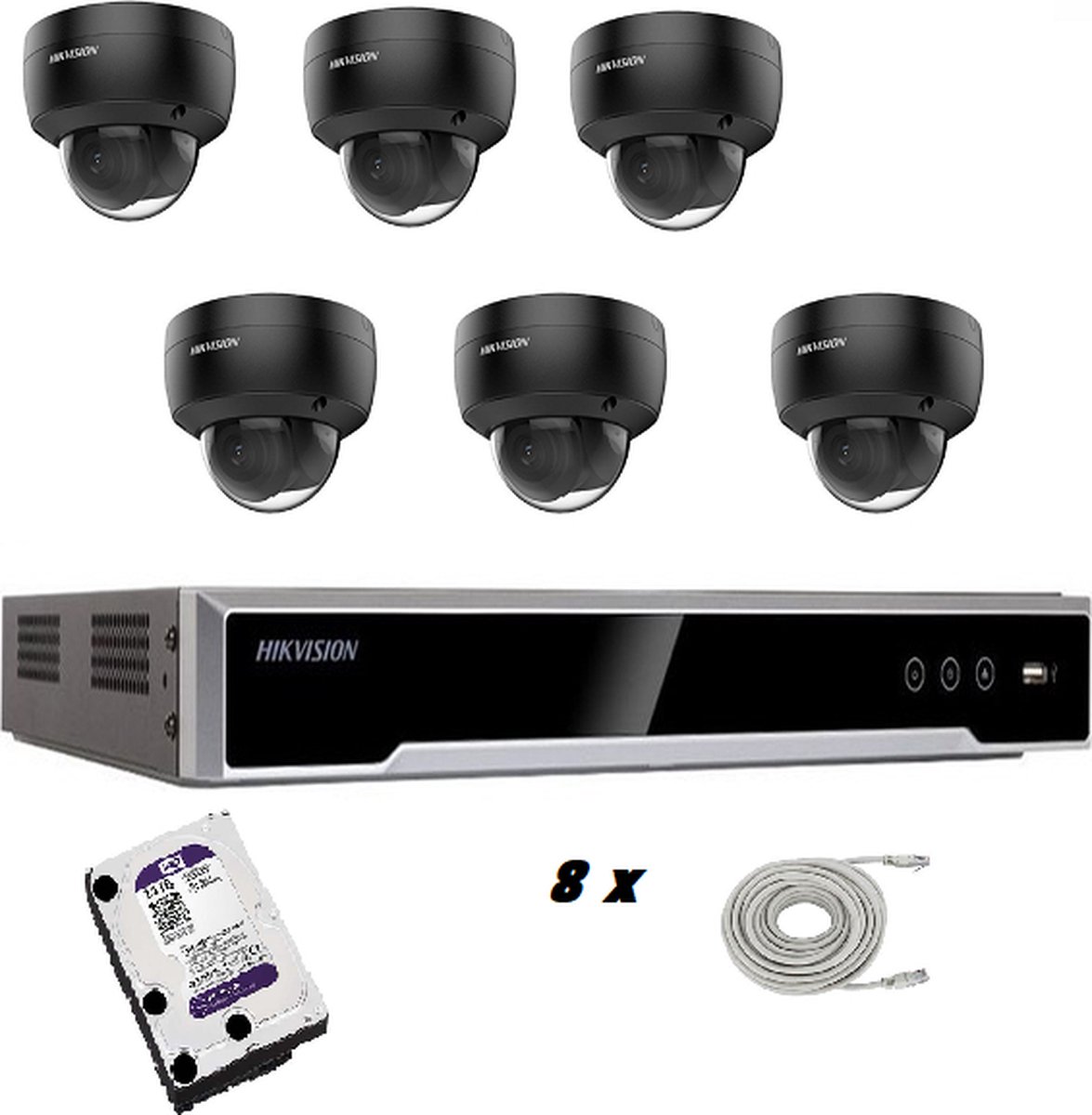 Set met 6 zwarte Hikvision DS-2CD2146G2-I 2.8mm 4mp camera’s, Hikvision recorder en Western Digital harde schijf