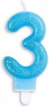 cijferkaars 3 glitter 7 cm wax blauw