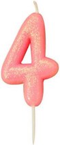 nummerkaars '4' 7 cm wax glitter roze