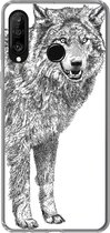 Geschikt voor Huawei P30 Lite hoesje - Wolf - Wit - Schets - Siliconen Telefoonhoesje