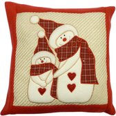 kerstkussen Sneeuwpop 36 cm jute/polyester rood/bruin