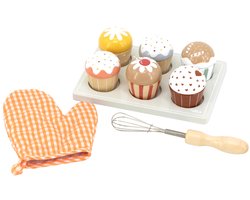 Tryco Wooden Cupcake Set - Houten Bakset - 6 Cupcakes Ovenwand Bakplaat en Klopper - Rollenspel en Fijne Motoriek - Vanaf 18 Maanden