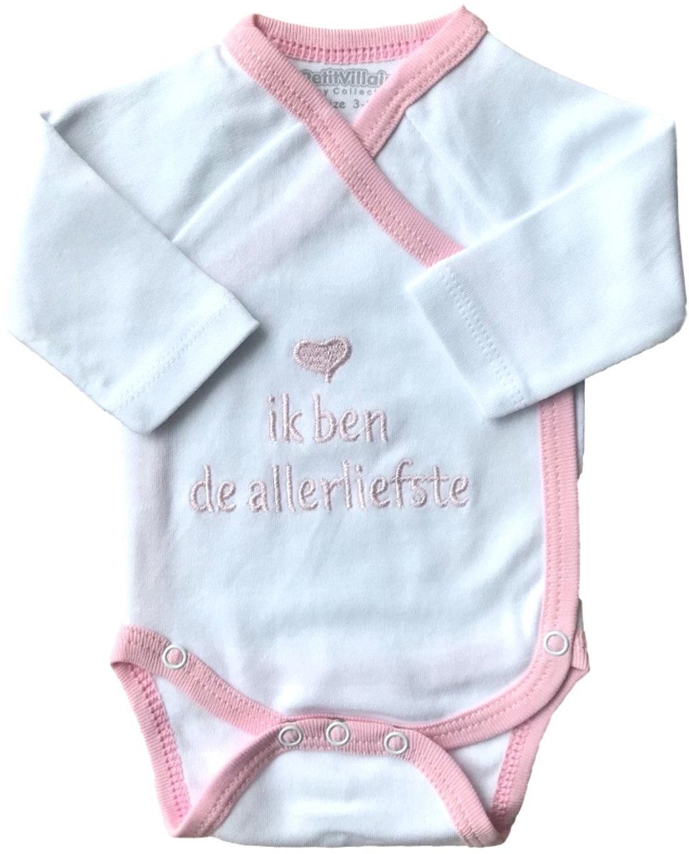 Baby romper - tekst - ik ben de allerliefste - kleding - omslagromper - wit roze