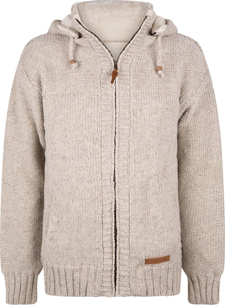 Gebreid Wollen Heren/Uni Vest van Schapenwol Teddy PolyesterFleece en afneembare capuchon SHAKALOHA M Chamonix ZH Beige