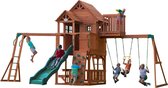 Backyard Discovery Skyfort II aire de jeux en bois - Avec balançoire / toboggan / bac de sable / mur d’escalade / cadre d’escalade / barre de trapèze - Maison enfant exterieur
