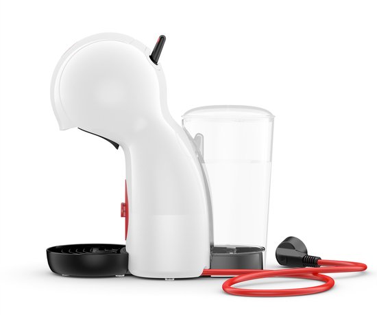 Witte Krups Piccolo XS met waterreservoir, rood bedieningspaneel en rode stekker.